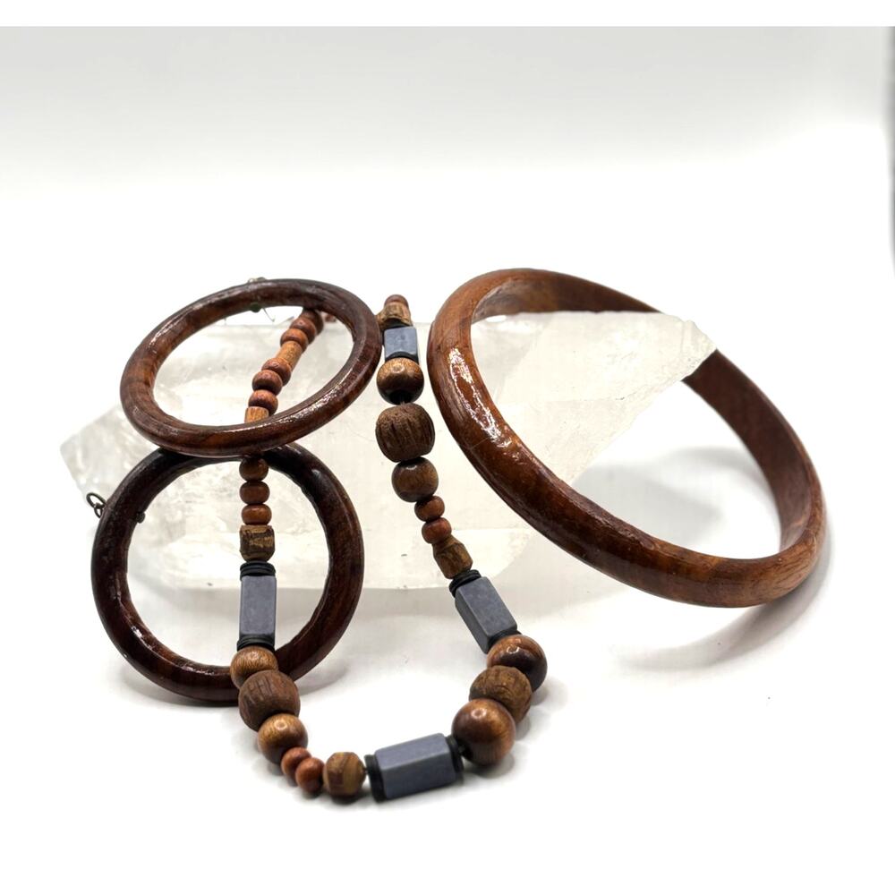 Boho Wood Jewelry - Hoop Earrings, Bangle, Wood Bead Choker